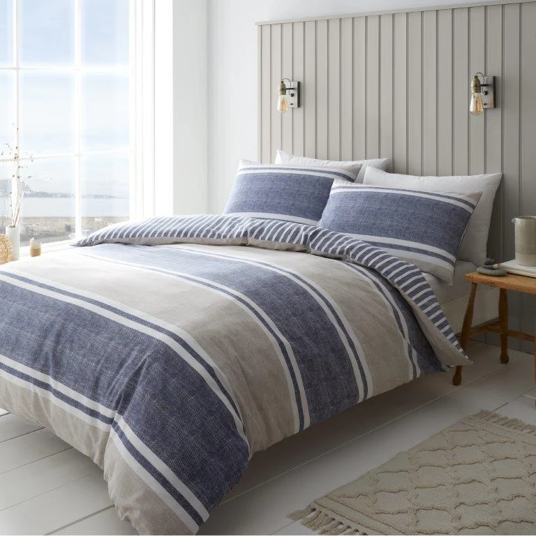 Catherine Lansfield Textured Banded Stripe Blue Duvet Set 1 Catherine Lansfield Textured Banded Stripe Blue Duvet Set